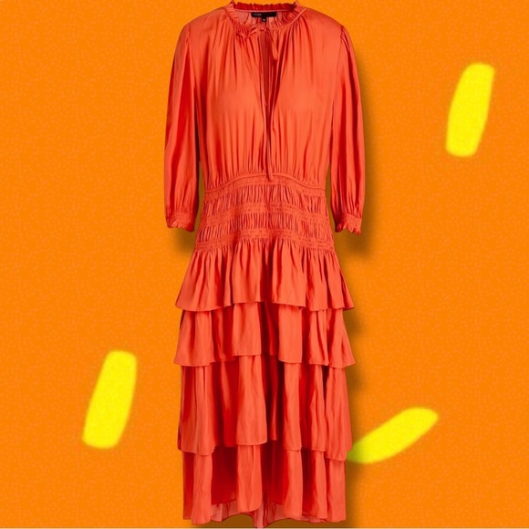 NWT Maje Orange ‘Radjinette’ Tiered Ruffle Satin Midi Dress French Size 42 = XL - Picture 1 of 16